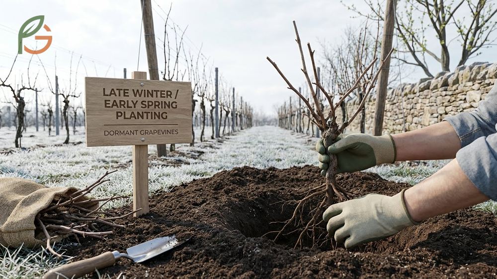 When to plant grapes illustrated by digging a 2-foot deep hole for dormant vines during late winter or early spring.