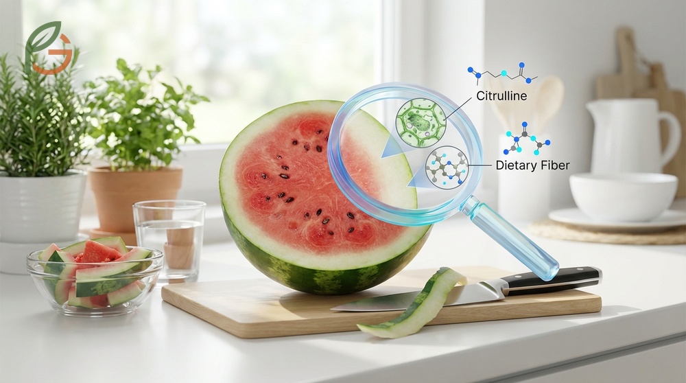 The white part of watermelon contains high fiber and citrulline levels with lower sugar content than red flesh.
