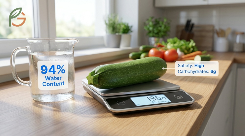 Zucchini nutrition facts showing 33 calories per medium 196g serving with 94 percent water content for hydration.