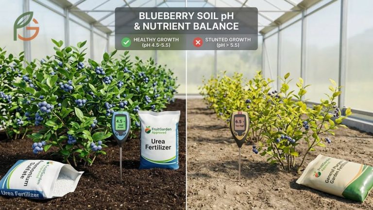 Best fertilizer for blueberries guide emphasizing acid loving formulas and soil pH management between 4.5 and 5.5.