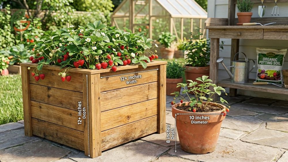 Best pot size for strawberries is a minimum of twelve inches wide and eight inches deep to prevent rapid drying.