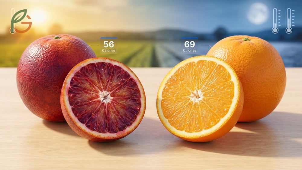 Blood orange vs regular orange differences include anthocyanin pigments and berry flavor notes in the red fruit.