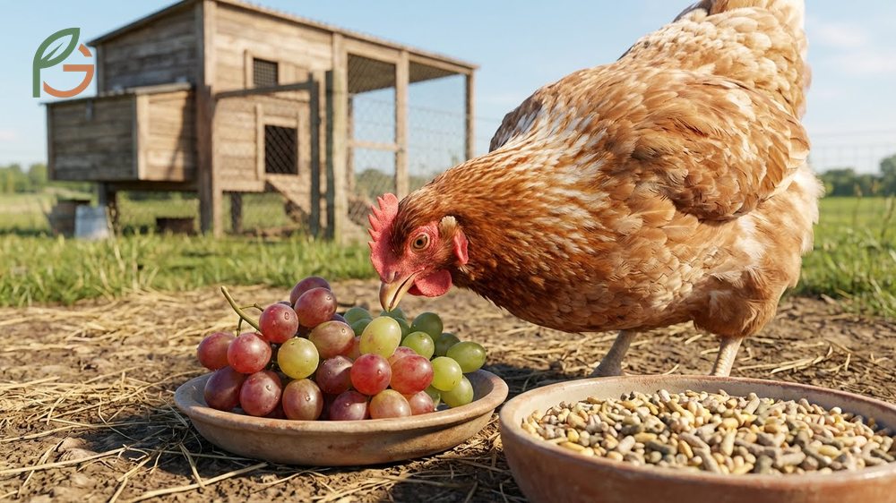 Chickens eating grapes as an occasional treat comprising no more than 10 percent of daily intake.