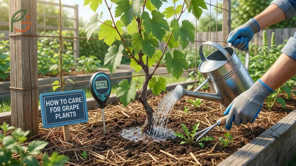 How to care for grape plants using deep watering techniques and applying 10-10-10 fertilizer to support new growth.