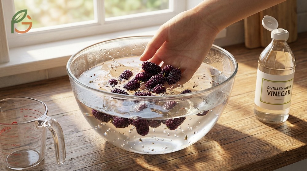 Cleaning mulberries requires a gentle vinegar soak to remove insects without damaging the delicate fruit skin.
