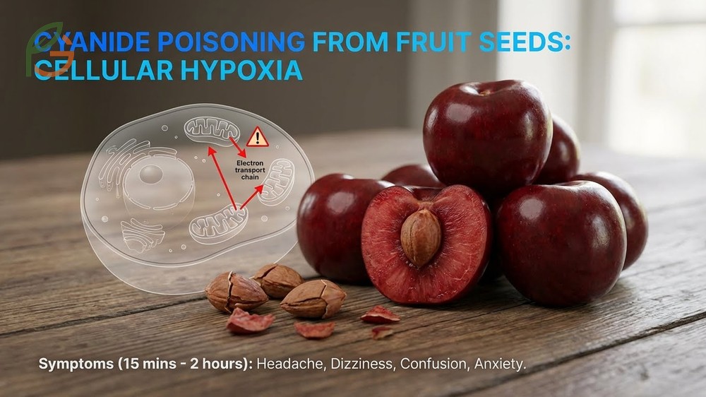 Symptoms of cyanide poisoning from fruit seeds include headache and dizziness appearing within fifteen minutes to two hours after ingestion.