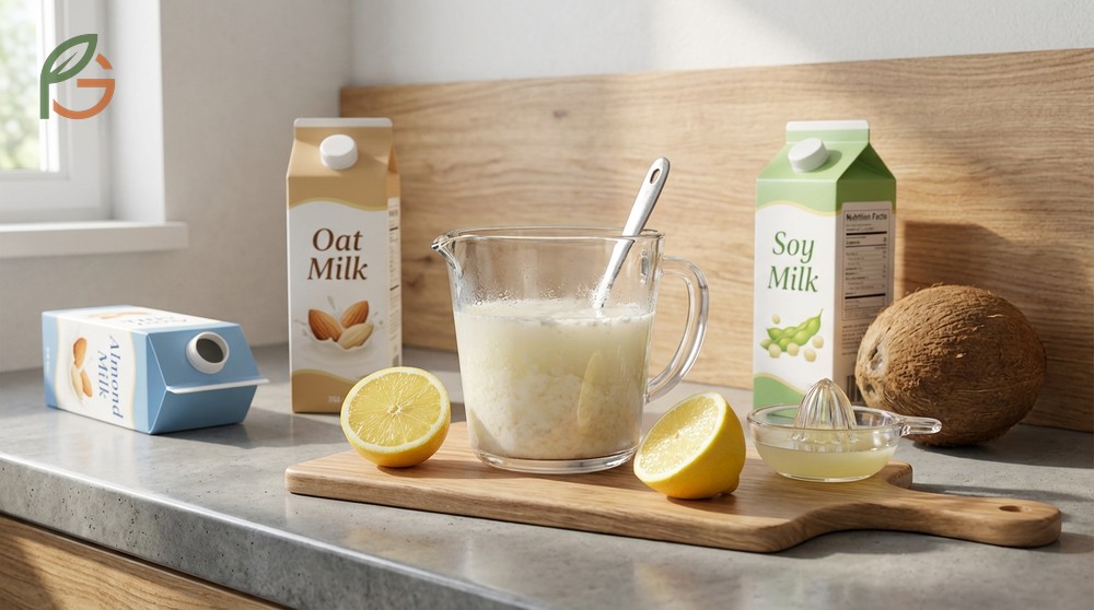 Soy or oat milk mixed with lemon juice creates an effective vegan buttermilk for plant-based baking.