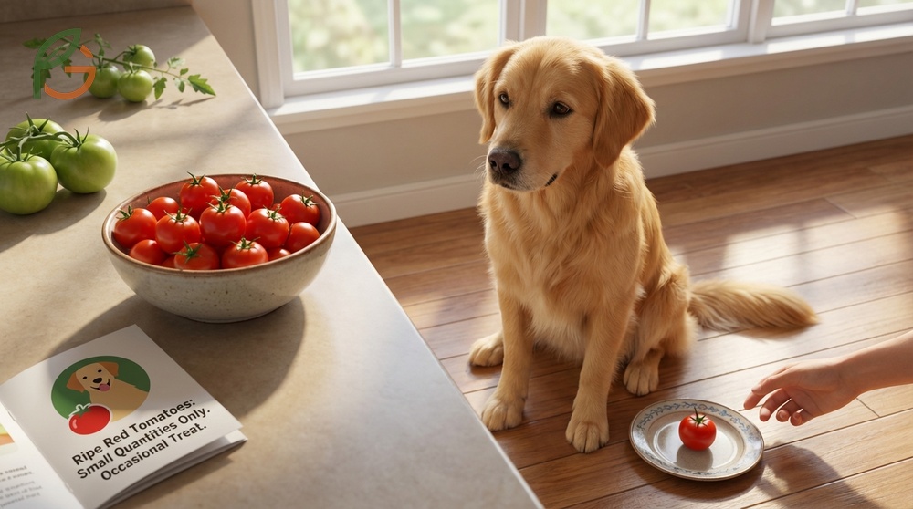Can dogs eat tomatoes explanation stating ripe red fruit is safe in small amounts under 10 percent of diet.