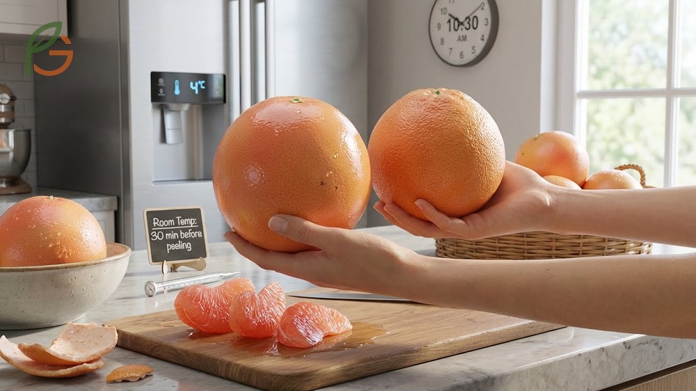 Grapefruit preparation tips for selecting thin skinned fruit and chilling before peeling to reduce tearing.