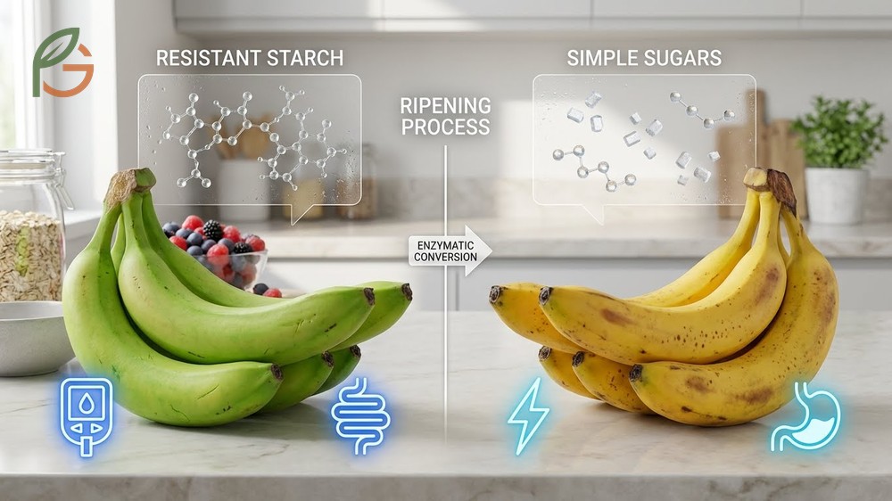 Comparison of green versus yellow bananas highlighting glycemic index differences and sugar content.