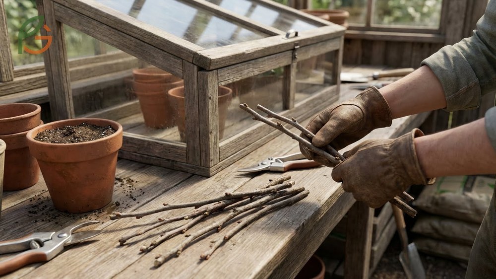 Hardwood cutting technique using dormant wood collected in late winter for low maintenance propagation.