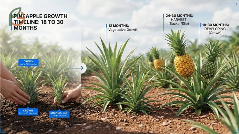 A timeline chart showing the eighteen to twenty four month process of growing a pineapple.
