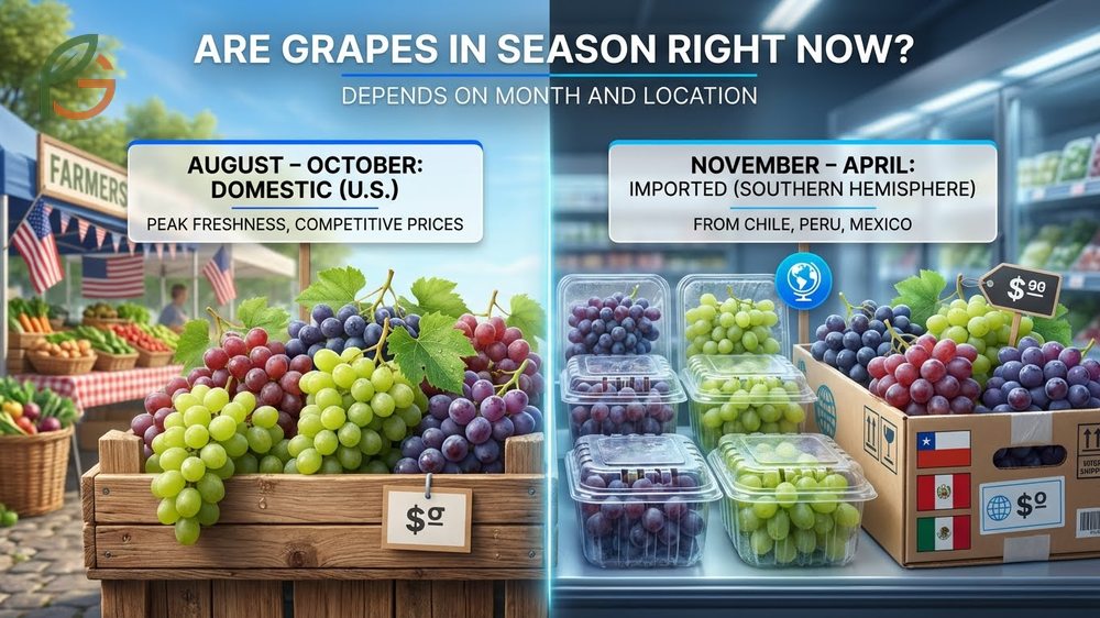 When are grapes in season for imports with Chile and Peru supplying 97 percent of winter grapes from November through April.