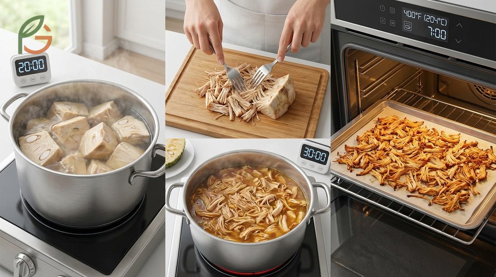 Jackfruit meat texture improves significantly with a two-step boiling process and final roasting to achieve crispy edges and tender centers that resemble real meat.