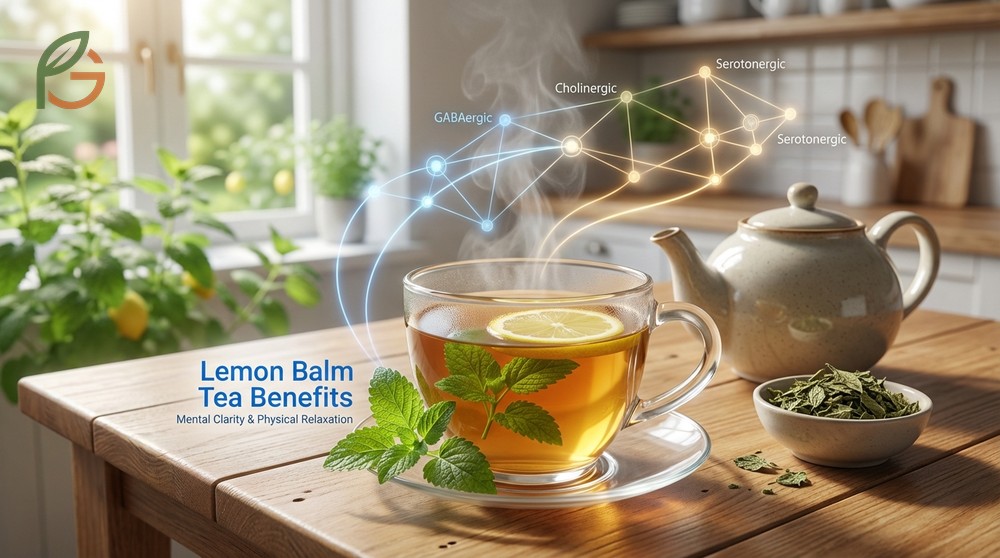 Lemon balm tea benefits include improved mental clarity and physical relaxation through modulation of brain signaling pathways.