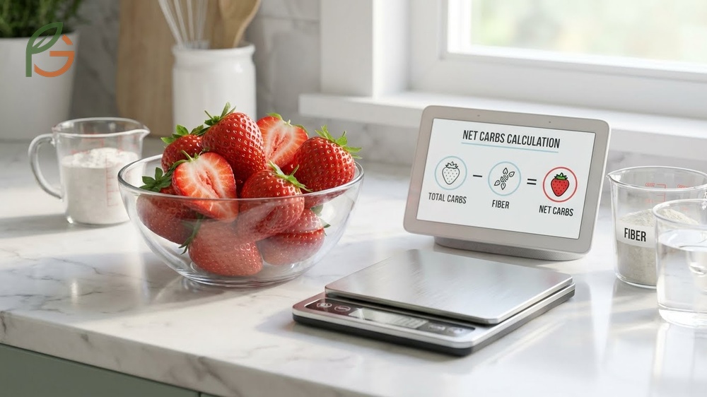Fresh strawberries representing the calculation of net carbs by subtracting dietary fiber from total carbohydrates.