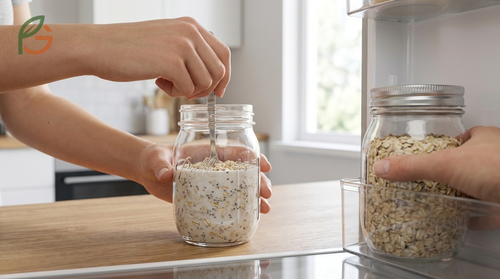 Overnight oats recipe instructions for mixing ingredients in a mason jar to chill for 4-8 hours.