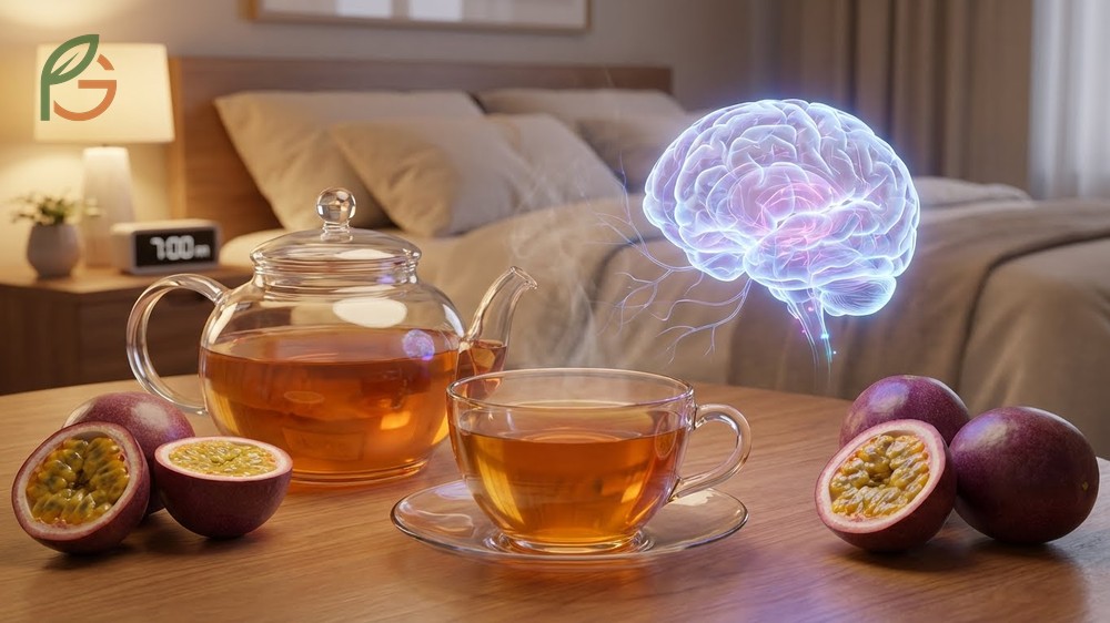 Passion fruit tea benefits mental health by increasing GABA levels to calm racing thoughts without sedation.