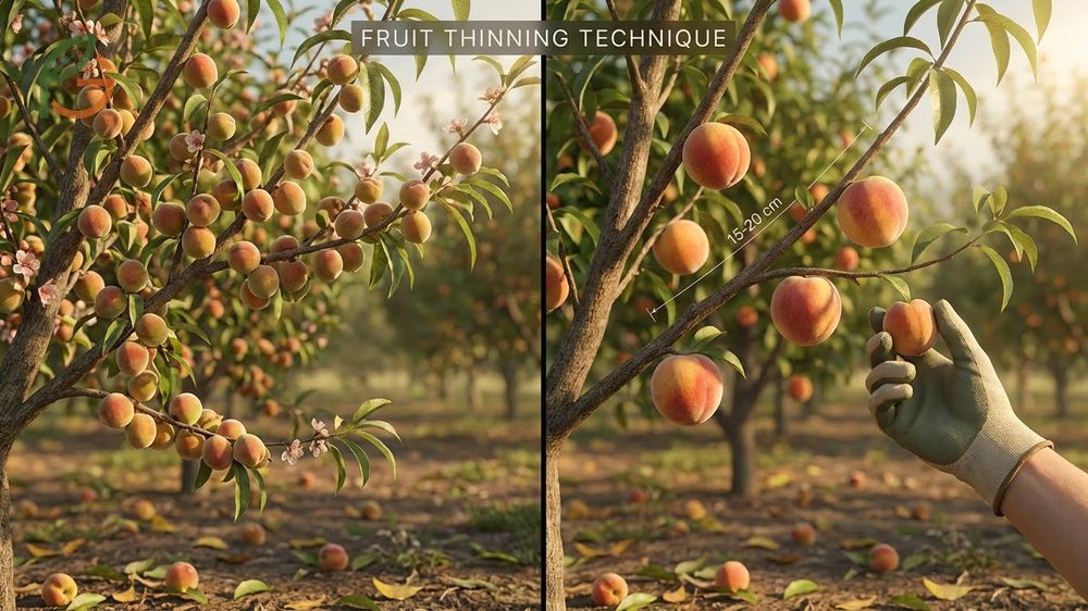 Fruit thinning technique involves spacing peaches 6 to 8 inches apart to maximize size and quality.