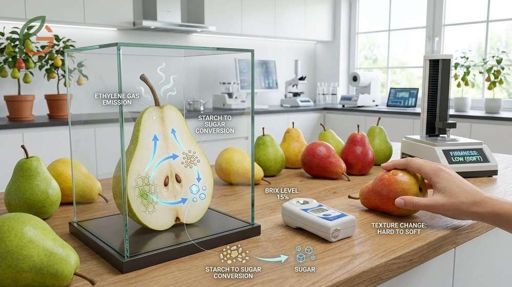 Pear ripeness indicators showing texture changes from hard to buttery smooth as cell walls break down.