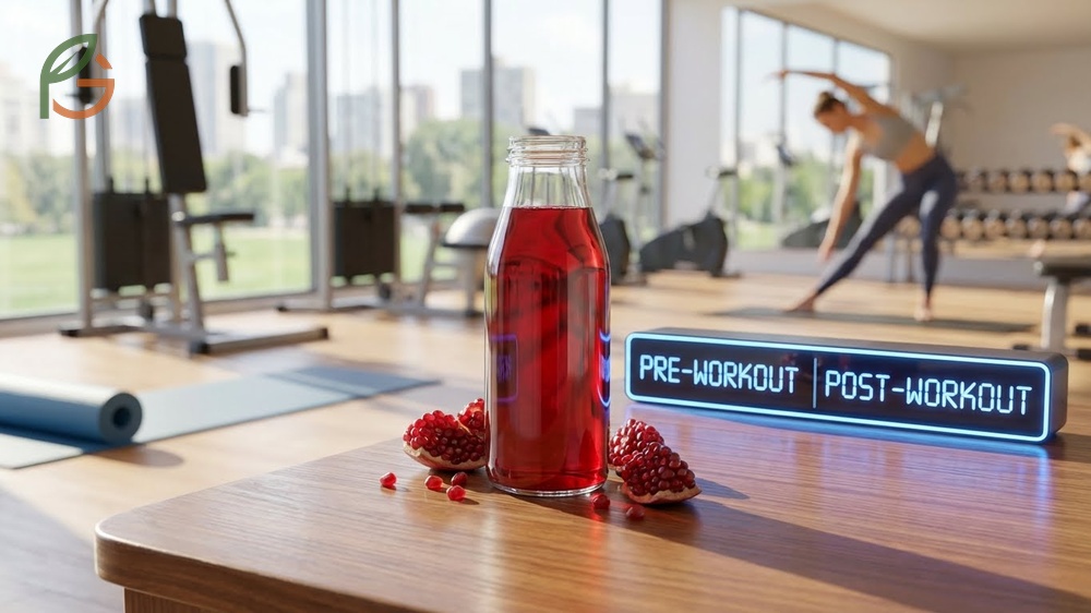 Optimal pomegranate juice timing for workouts to enhance blood flow and aid muscle recovery.