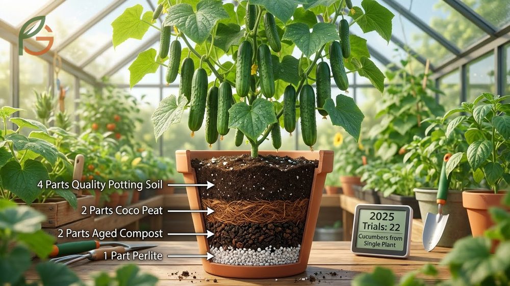 Potting mix for cucumbers combining compost and coco peat ensures proper drainage and pH balance for healthy roots.