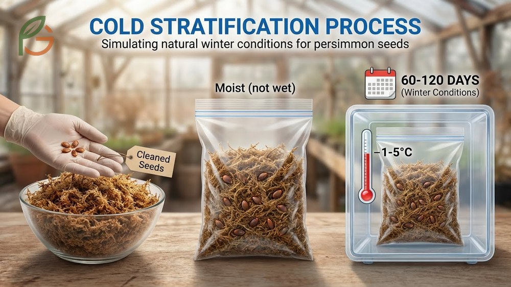 Persimmon seeds placed in a bag with moist moss for cold stratification in the refrigerator.
