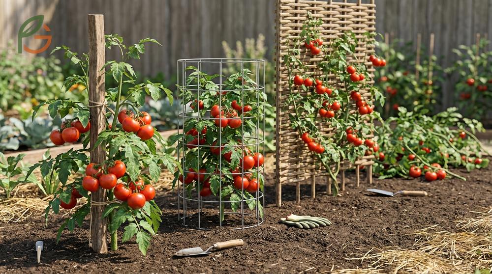 Support systems for tomatoes using stakes or wire cages to improve air circulation and harvest yields.