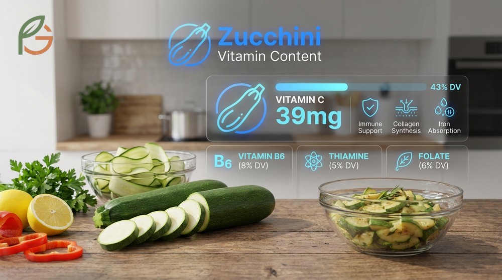 Vitamin content in zucchini providing 39mg of vitamin C and essential B vitamins for immune support.