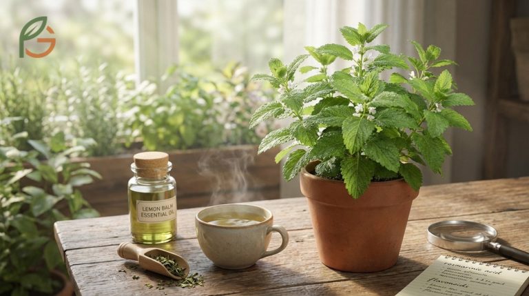 Lemon balm herb plant showing fresh green leaves used for tea and therapeutic benefits.