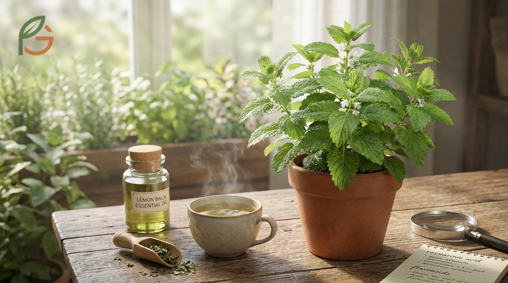 Lemon balm herb plant showing fresh green leaves used for tea and therapeutic benefits.