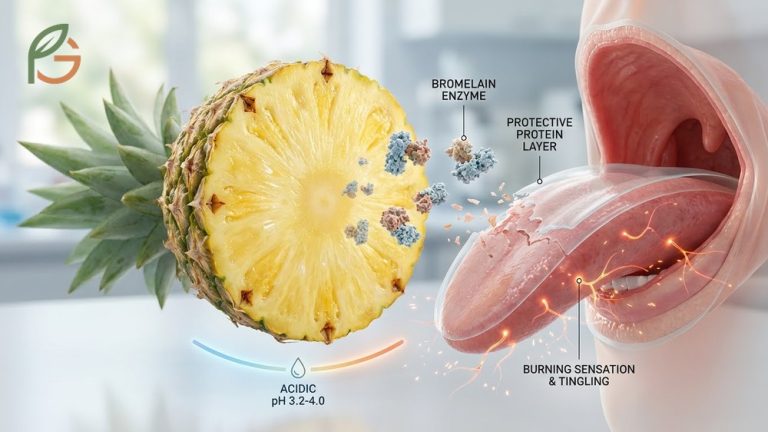 Why does pineapple hurt my mouth explanation featuring bromelain enzyme breakdown of proteins and acidic pH effects.