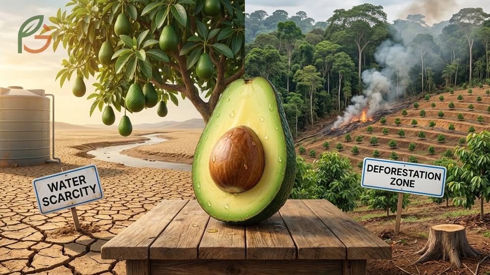 Avocado environmental impact detailing high water usage and deforestation issues in major growing regions.