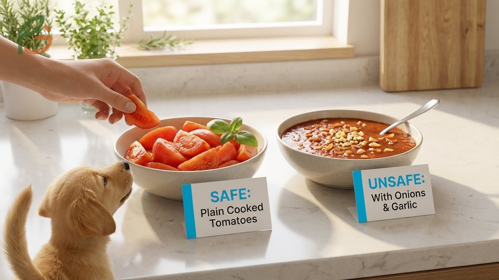 Can dogs eat cooked tomatoes safely if they are plain and free from garlic or onions.