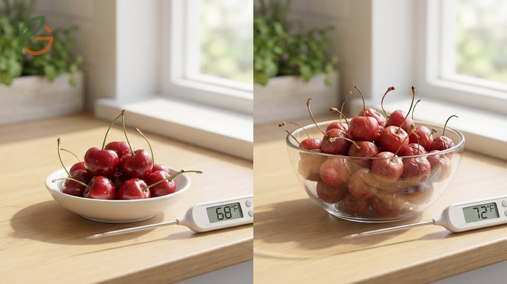 Room temperature storage for cherries causes rapid softening and flavor loss within 6 to 8 hours due to respiration.