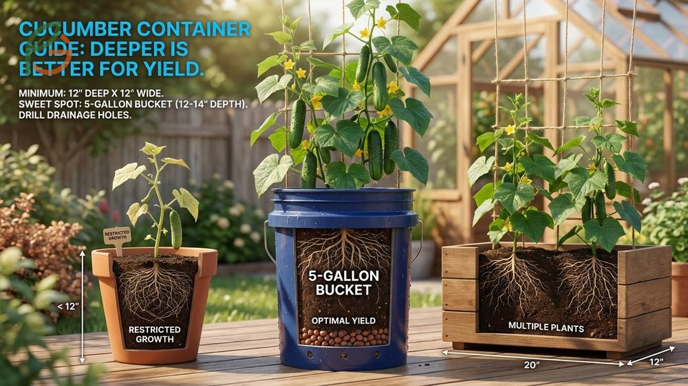 What size containers to grow cucumbers depends on variety with 5-gallon buckets providing ideal depth for single plants.