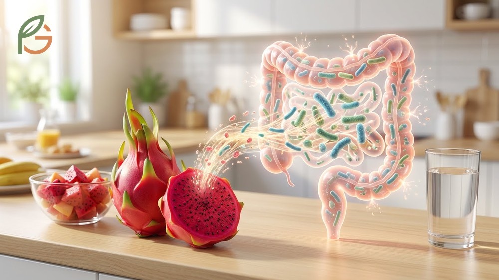Dragon fruit digestion benefits involve 5.6g of fiber and prebiotics that stimulate healthy gut bacteria growth.
