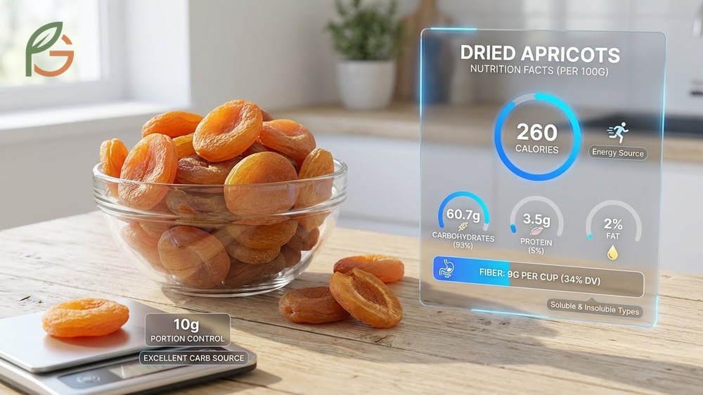 Dried apricots nutrition facts reveal high carbohydrate and fiber content with 260 calories per 100g serving.