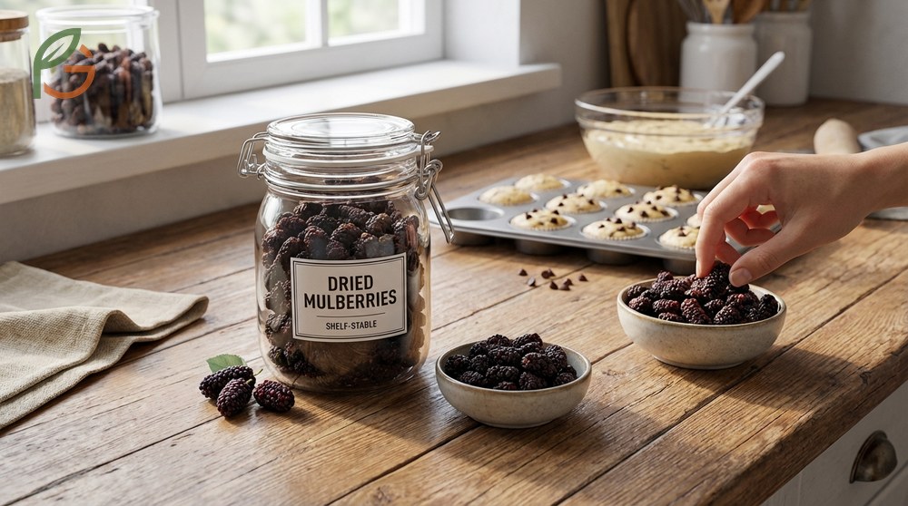 Dried mulberries uses include adding texture to baked goods or providing natural sweetness in trail mixes.