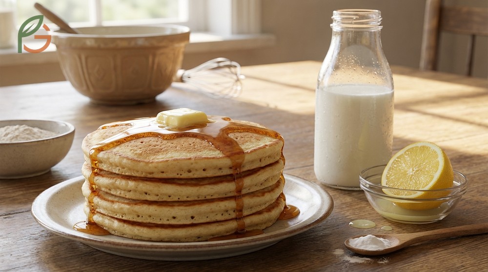 Pancakes rise perfectly when using acidic lemon juice buttermilk to activate the baking soda.