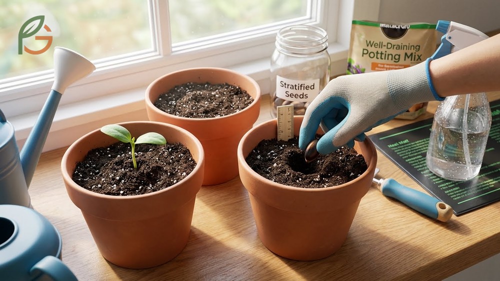 Small persimmon sprouts emerging from soil in pots kept at 70 to 85 degrees Fahrenheit.