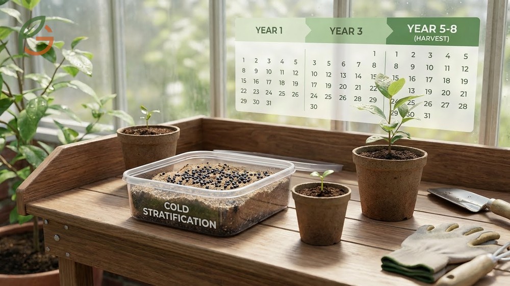 Tiny blueberry seedlings sprouting from moist peat moss containers after a successful cold stratification process.