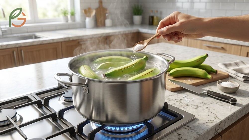 Boiled green bananas prepared in salted water as a healthy starchy side dish similar to potatoes.