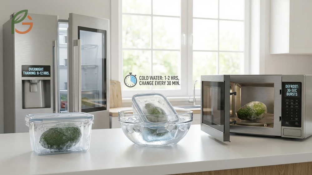 How to defrost avocado safely using refrigerator thawing or a cold water bath for best texture.