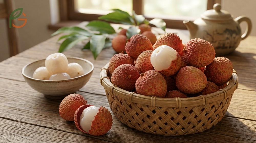 How to eat lychee by choosing bright red fruits that feel firm and smell floral near the stem.