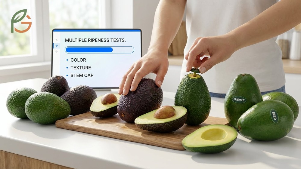 How to tell if an avocado is ripe by checking for dark skin color and performing the stem nub removal test.