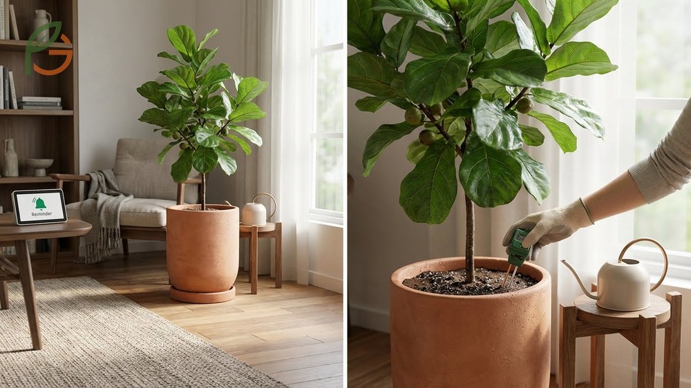 Indoor fig tree care routine focusing on consistent watering and balanced nutrient feeding.