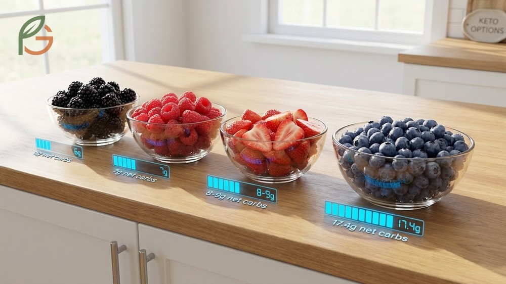 Comparison of net carb counts in blackberries raspberries and strawberries for ketogenic meal planning strategies.