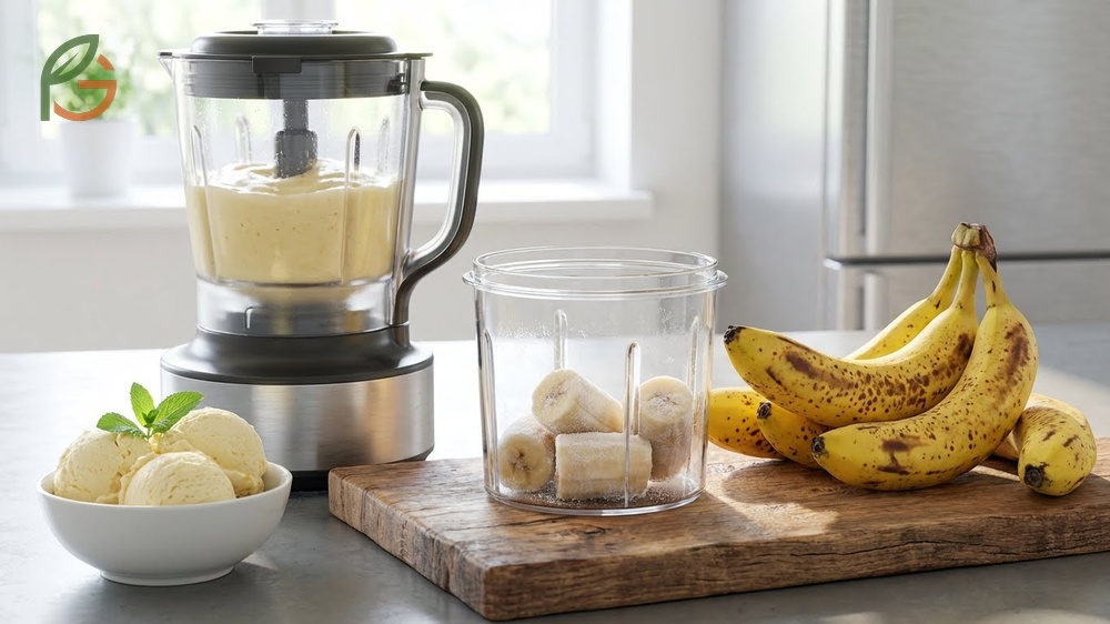 Making banana ice cream requires blending frozen sliced bananas in a high speed blender until they reach soft serve texture.