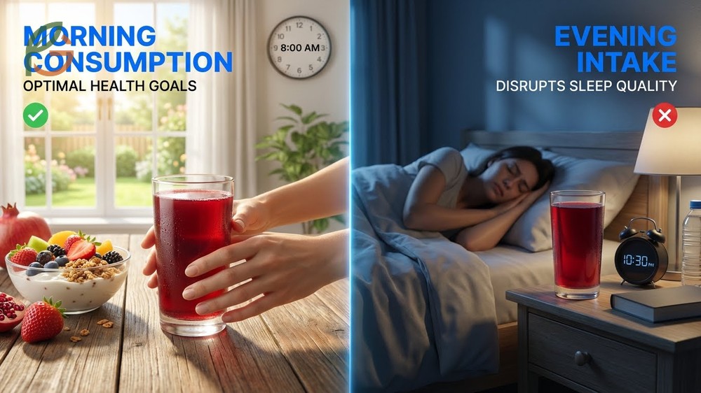 Pomegranate juice morning vs night comparison showing why evening intake may disrupt sleep quality.